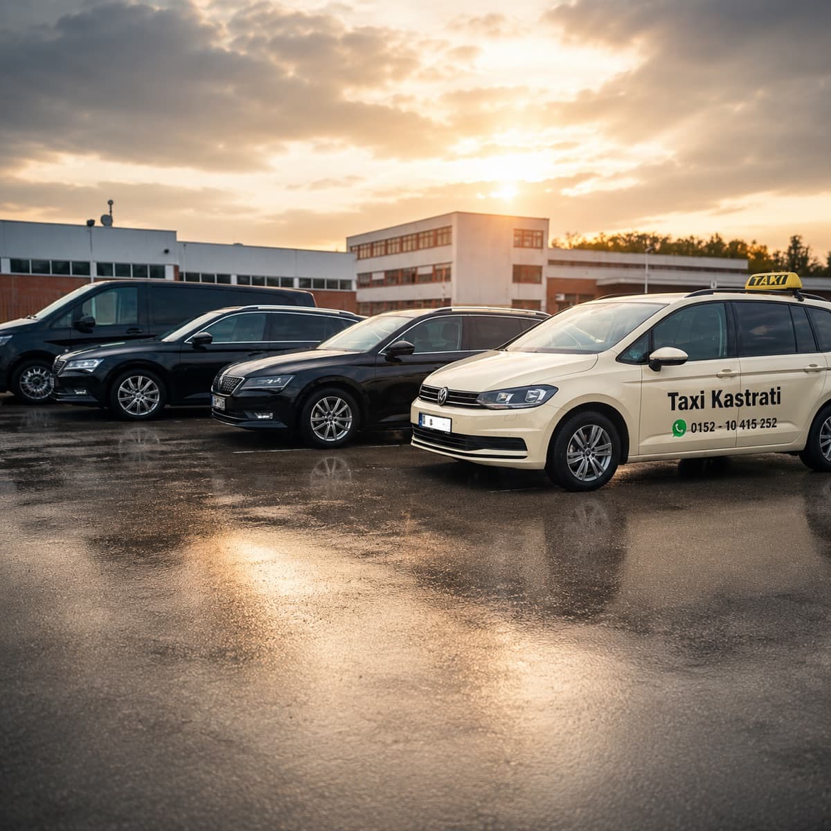 Unsere Fahrzeugflotte im Abendlicht – Großraum-Taxi und schwarze Premium-Limousinen, abfahrbereit auf dem Hof.